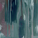 Wallpaper mural detail in a watercolor paint print in shades of pink, purple and turquoise on a blue field.