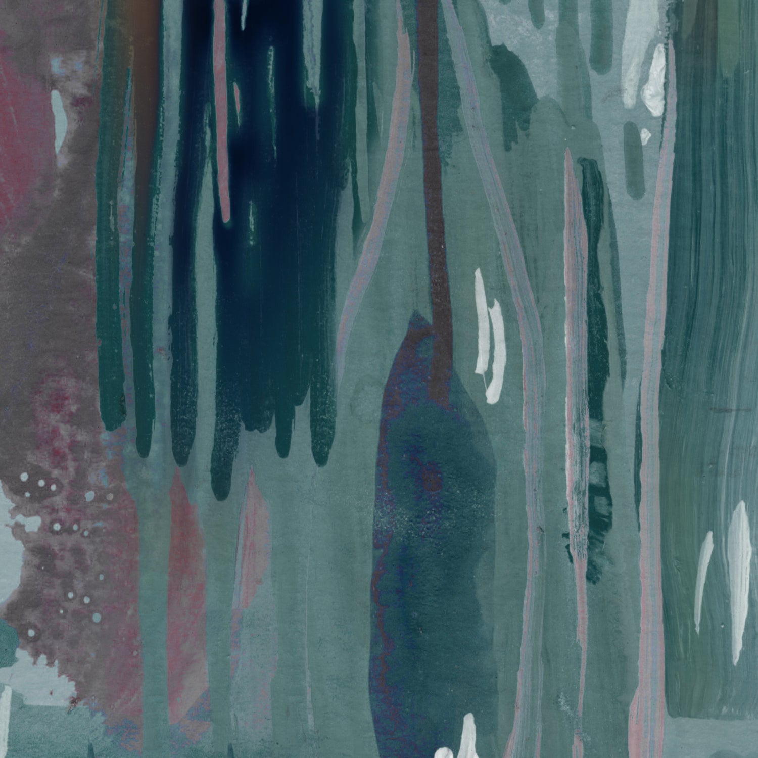 Wallpaper mural detail in a watercolor paint print in shades of pink, purple and turquoise on a blue field.