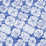 White floral lace pattern on a blue watercolor background