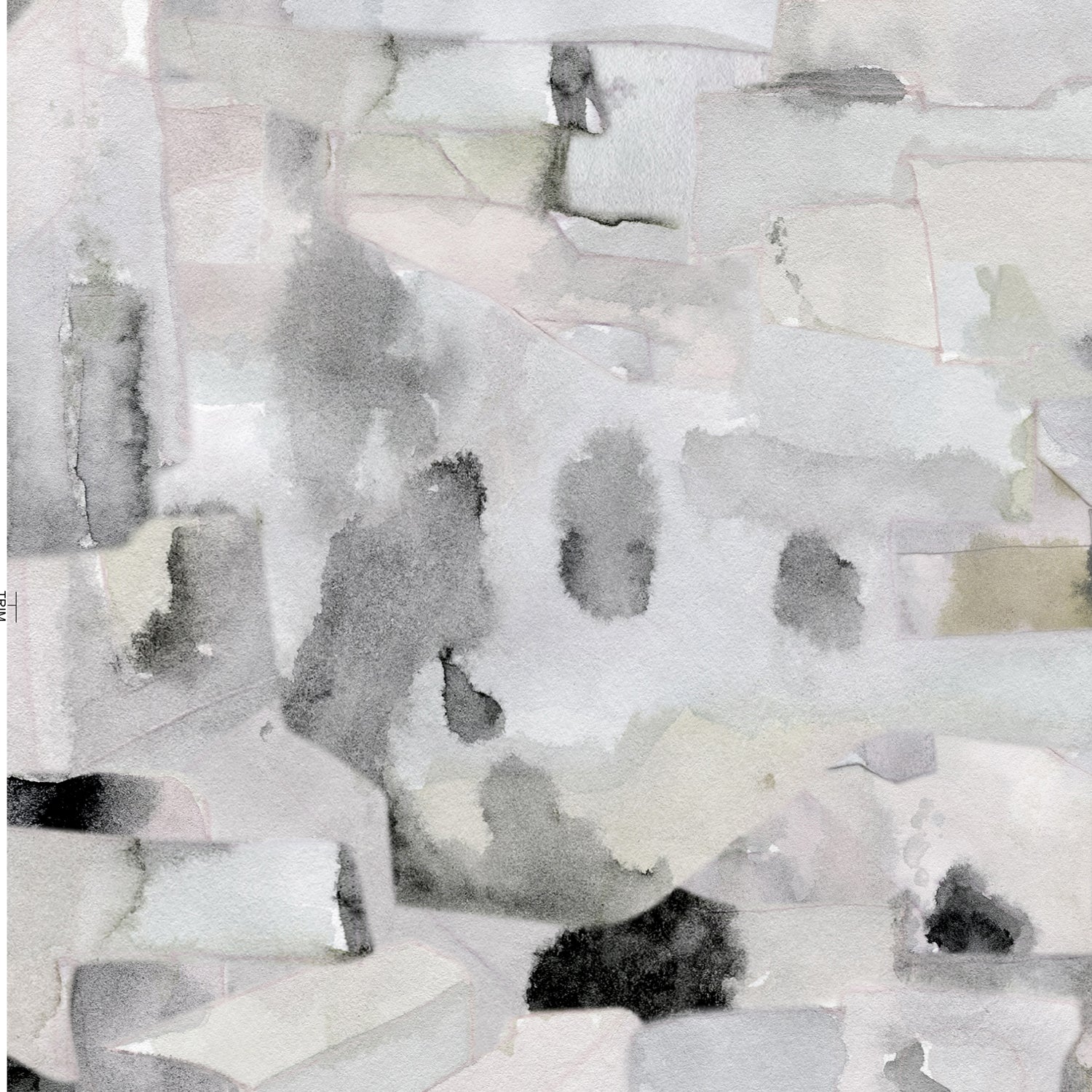 Wallpaper detail in a textural paint blotch print in shades of gray and blue on a light gray field.