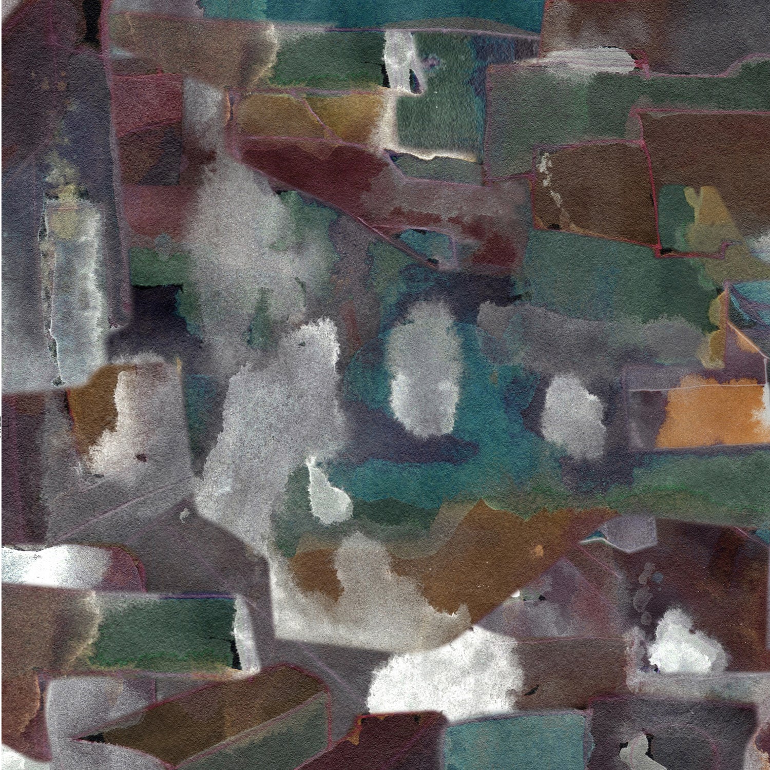 Wallpaper detail in a textural paint blotch print in shades of purple, turquoise and green on a gray field.