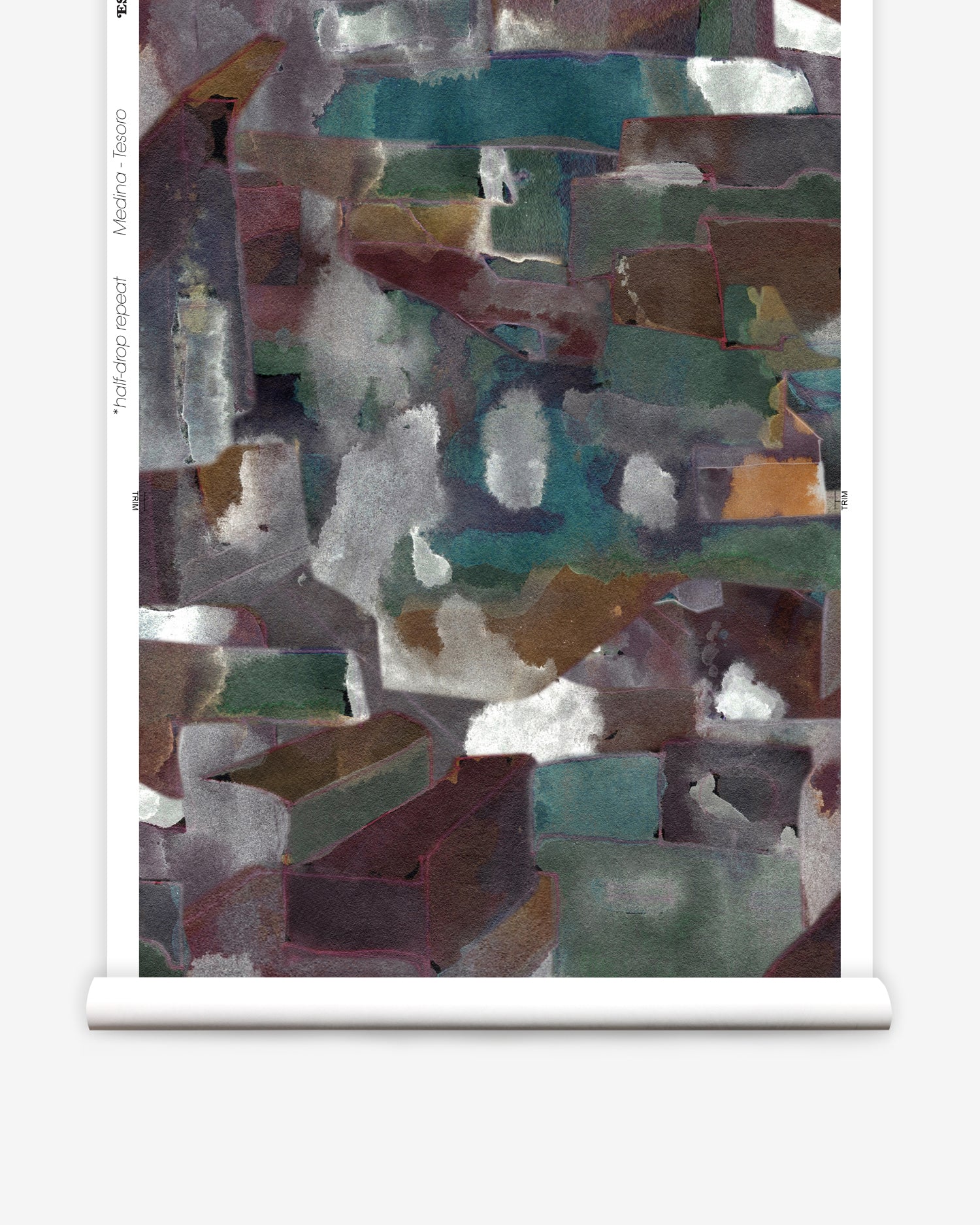 Wallpaper roll in a textural paint blotch print in shades of purple, turquoise and green on a gray field.