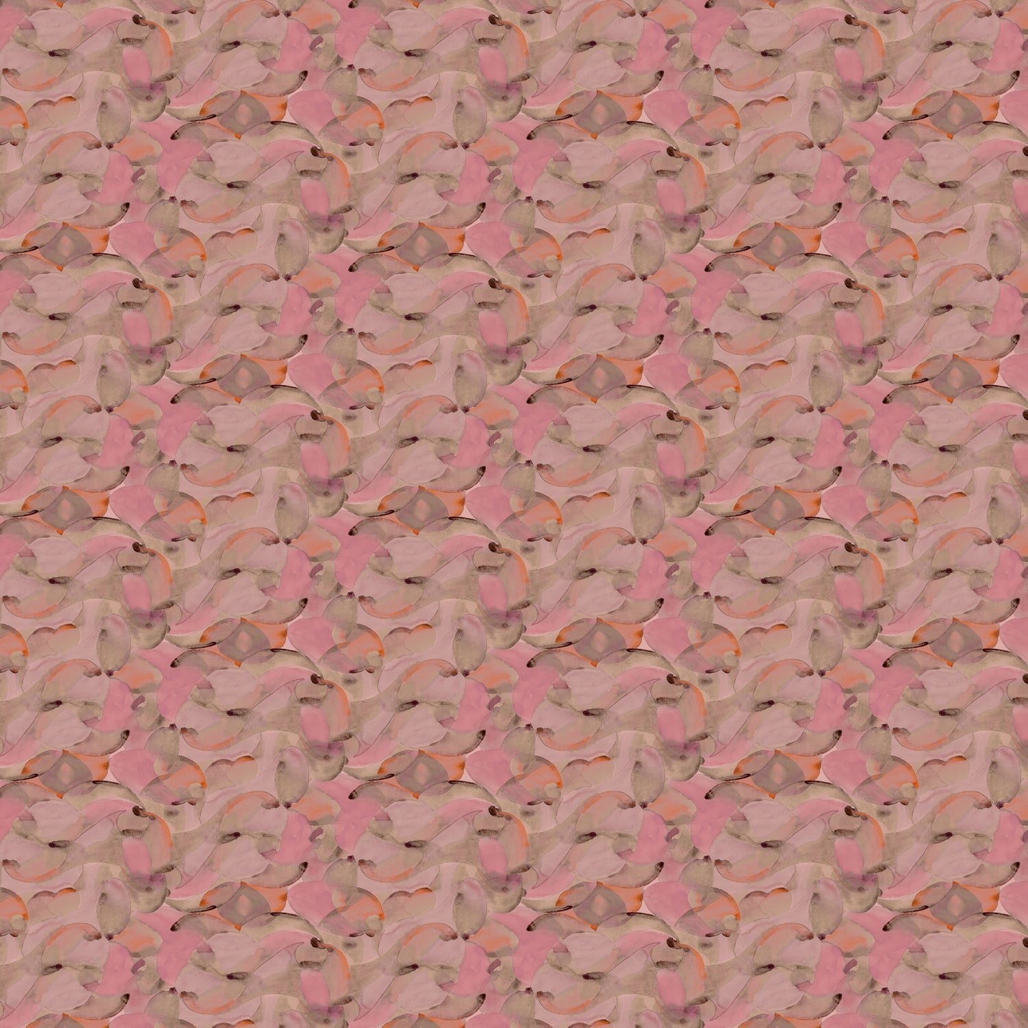 Wallpaper detail in an undulating abstract watercolor motif in pink, orange and grey. 