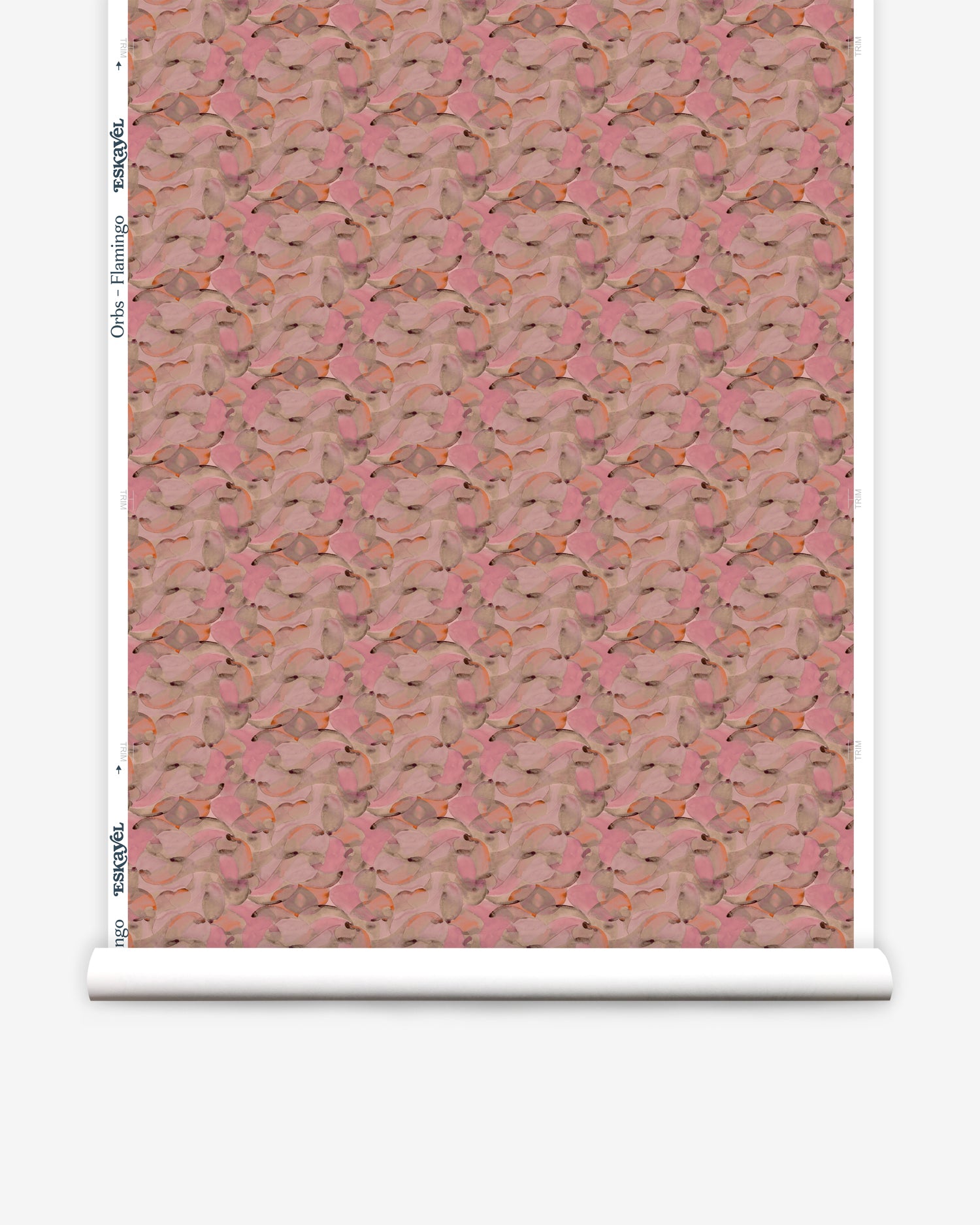 Wallpaper roll in an undulating abstract watercolor motif in pink, orange and grey. 