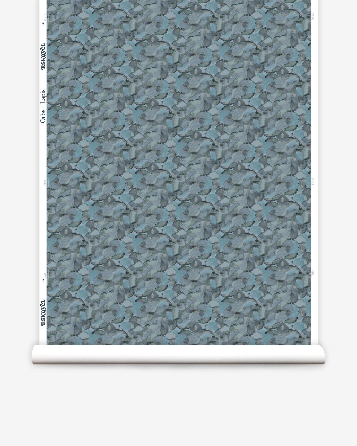 Wallpaper roll in an undulating abstract watercolor motif in shades of steel blue and charcoal. 