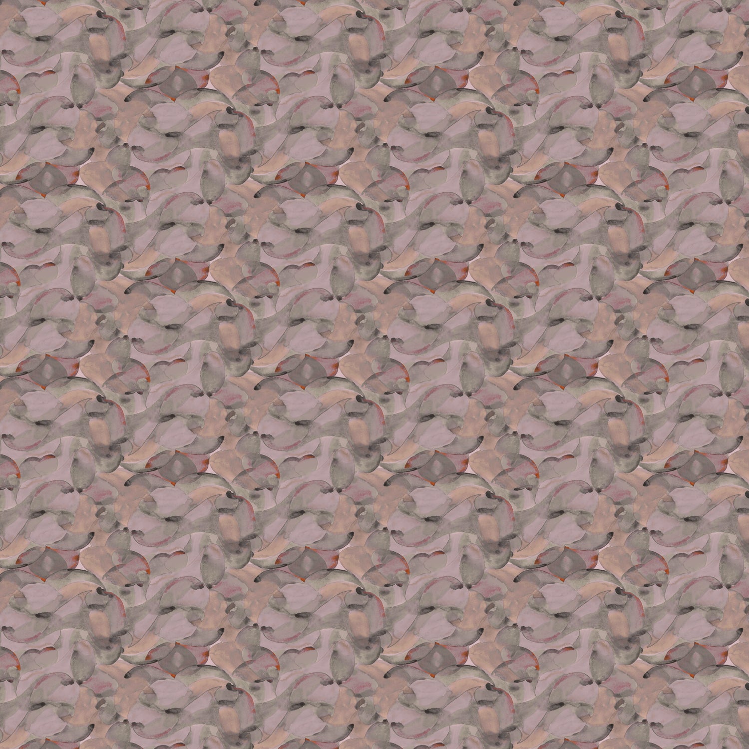 Wallpaper detail in an undulating abstract watercolor motif in light purple, blush, rust and charcoal.