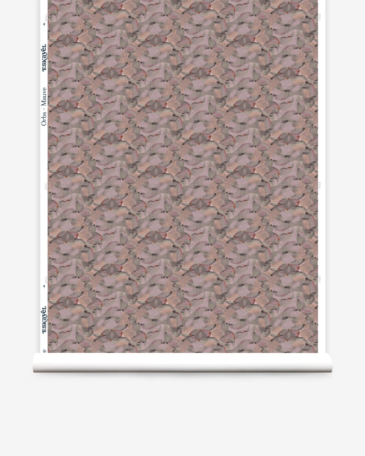 Wallpaper roll in an undulating abstract watercolor motif in light purple, blush, rust and charcoal.
