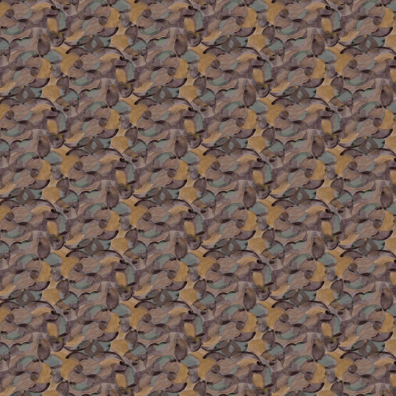 Wallpaper detail in an undulating abstract watercolor motif in purple, tan, blue and charcoal. 