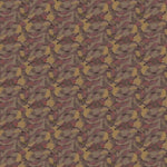 Wallpaper detail in an undulating abstract watercolor motif in purple, taupe, yellow and charcoal. 