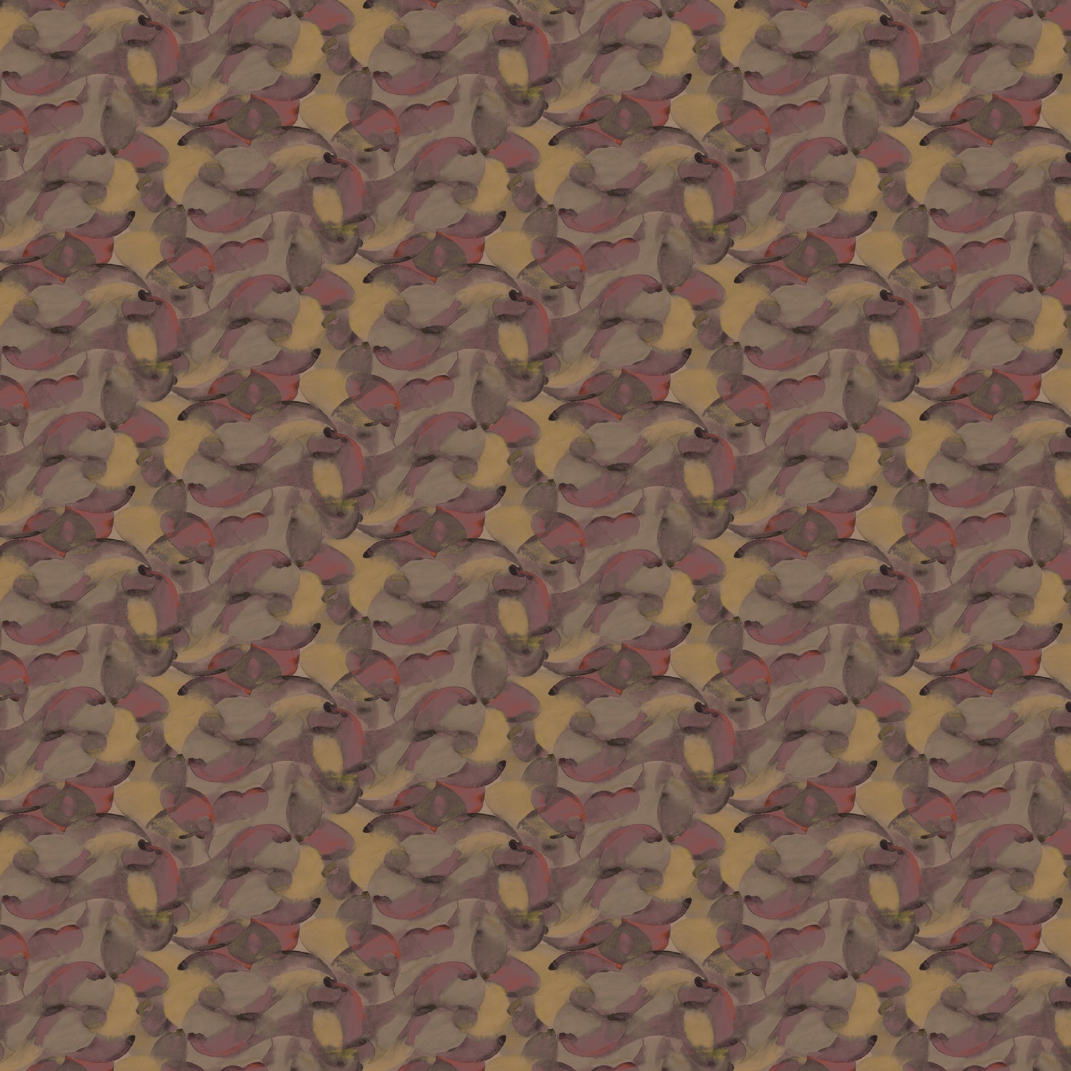 Wallpaper detail in an undulating abstract watercolor motif in purple, taupe, yellow and charcoal. 