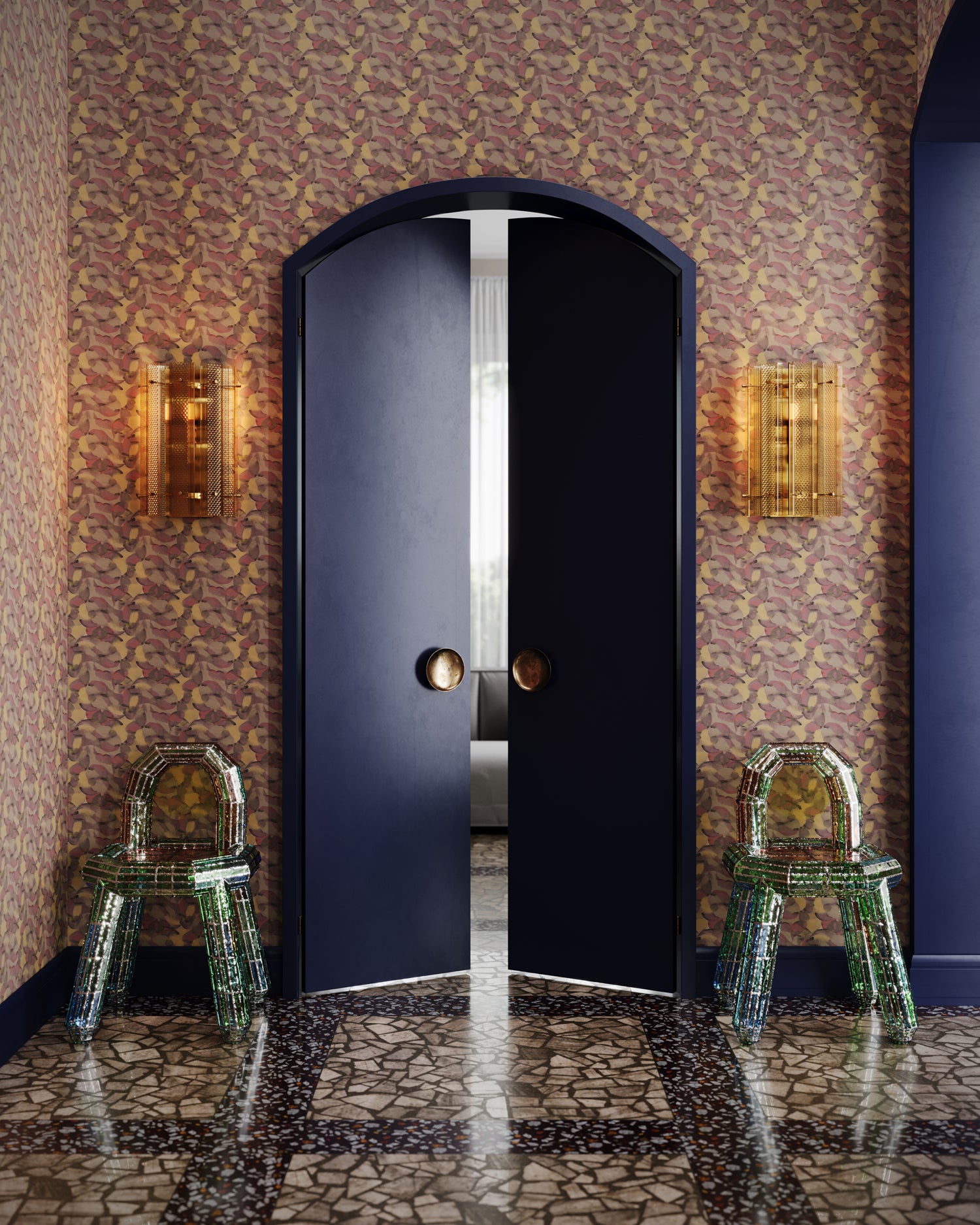 Retro foyer with terrazo floors wallpapered in an undulating abstract watercolor motif in purple, taupe, yellow and charcoal. 