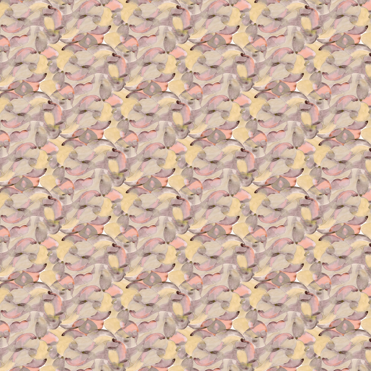 Wallpaper detail in an undulating abstract watercolor motif in pink, purple, tan and charcoal. 