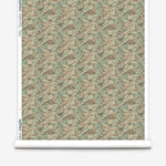Wallpaper roll in an undulating abstract watercolor motif in sage green, grey and brown. 
