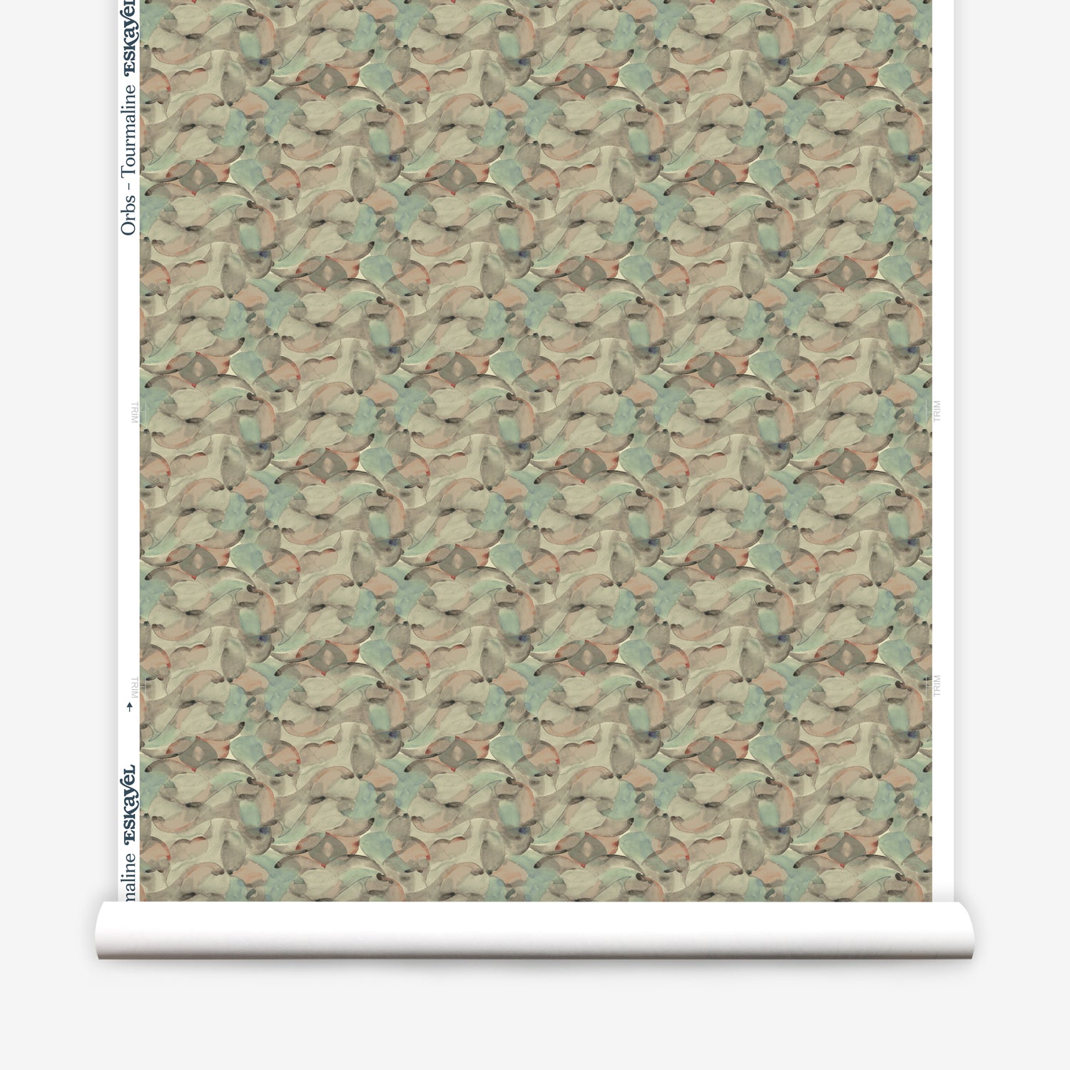 Wallpaper roll in an undulating abstract watercolor motif in sage green, grey and brown. 