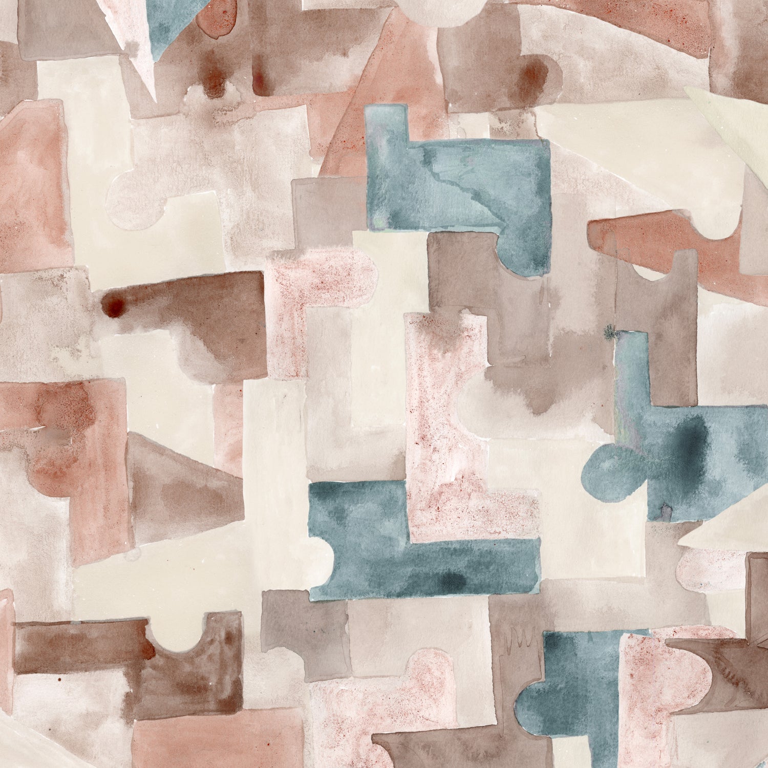 Wallpaper detail in a geometric puzzle piece watercolor pattern in blush, grey and teal. 
