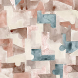 Wallpaper detail in a geometric puzzle piece watercolor pattern in blush, grey and teal. 