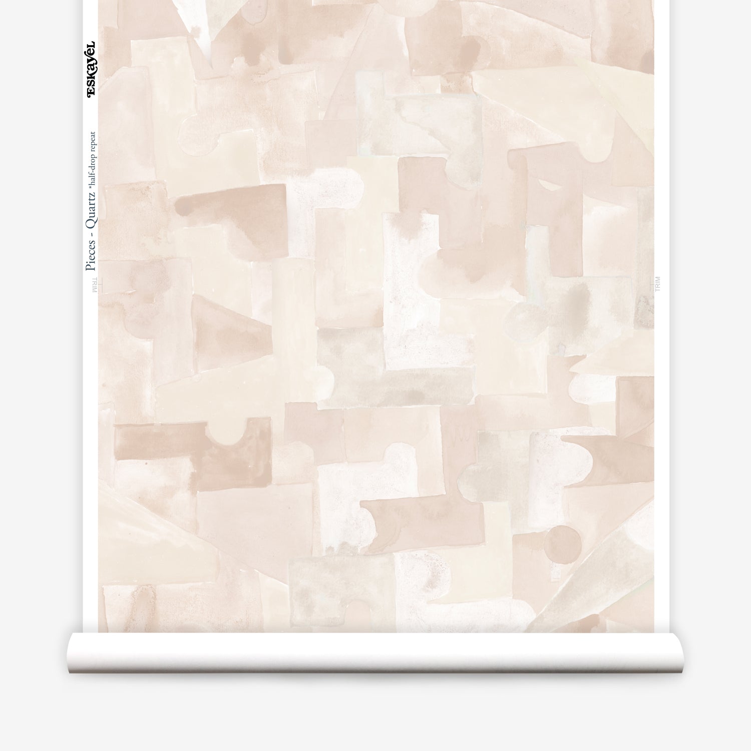 Wallpaper roll in a geometric puzzle piece watercolor pattern in pastel pink. 