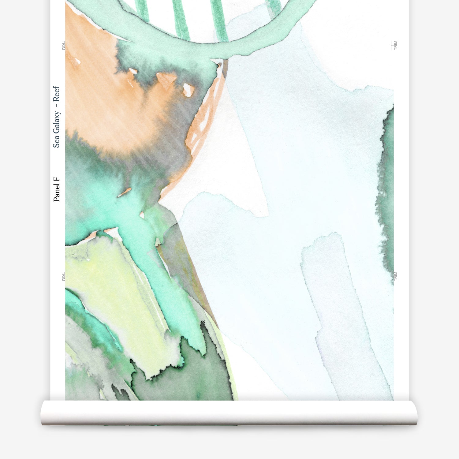 Wallpaper roll in awatercolor watercolor print in shades of purple, orange and green on a white field.