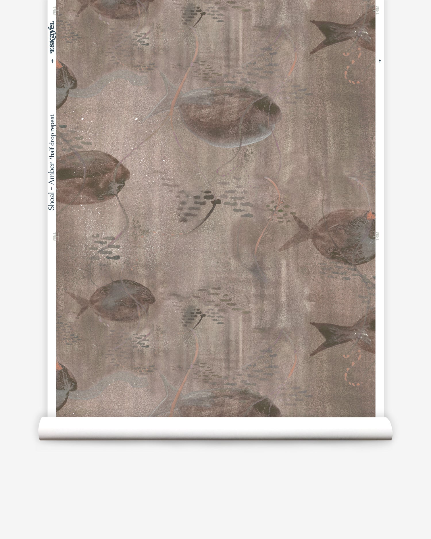 Wallpaper roll in an watercolor oceanic fish pattern in warm taupe.