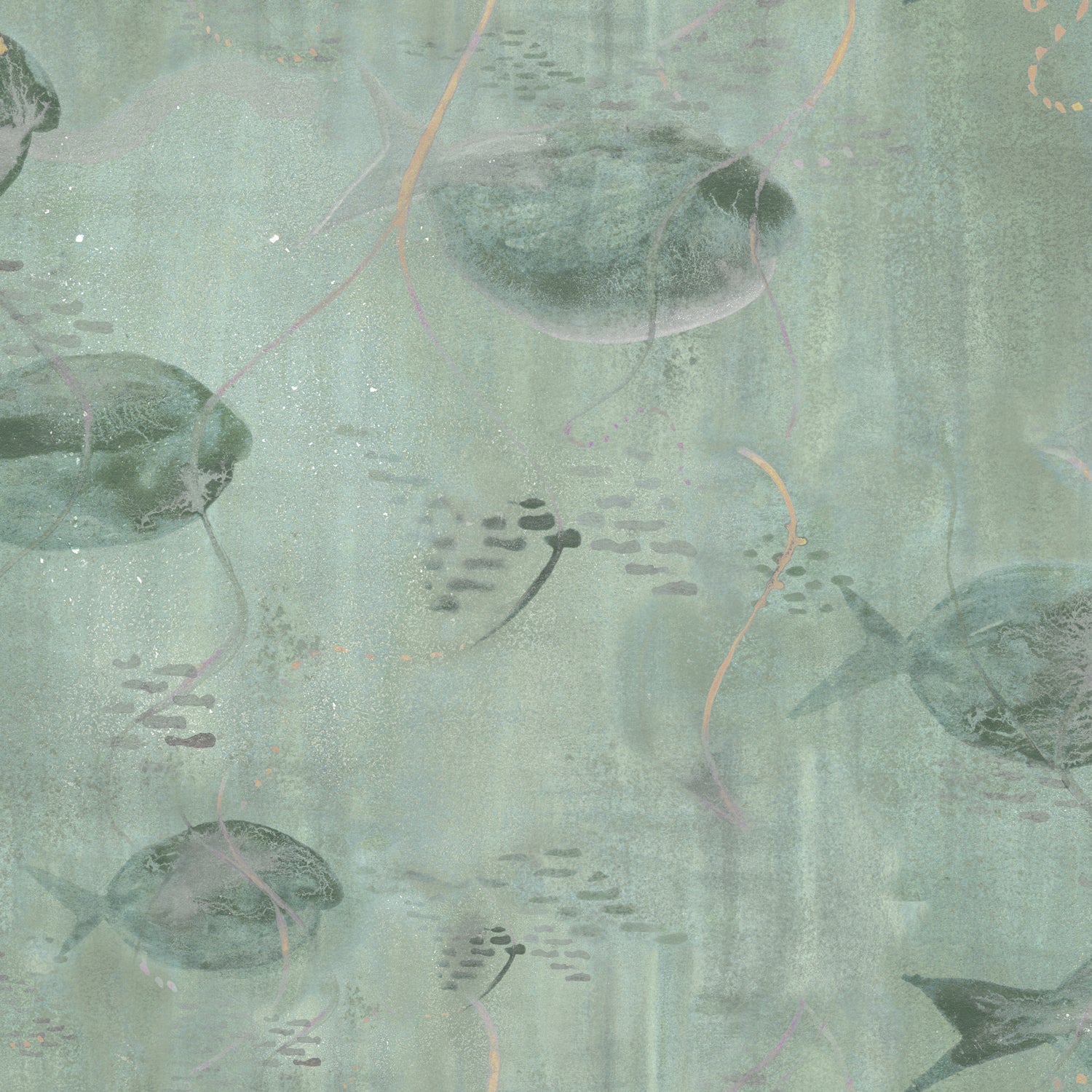 Wallpaper detail in an watercolor oceanic fish pattern in sage green. 
