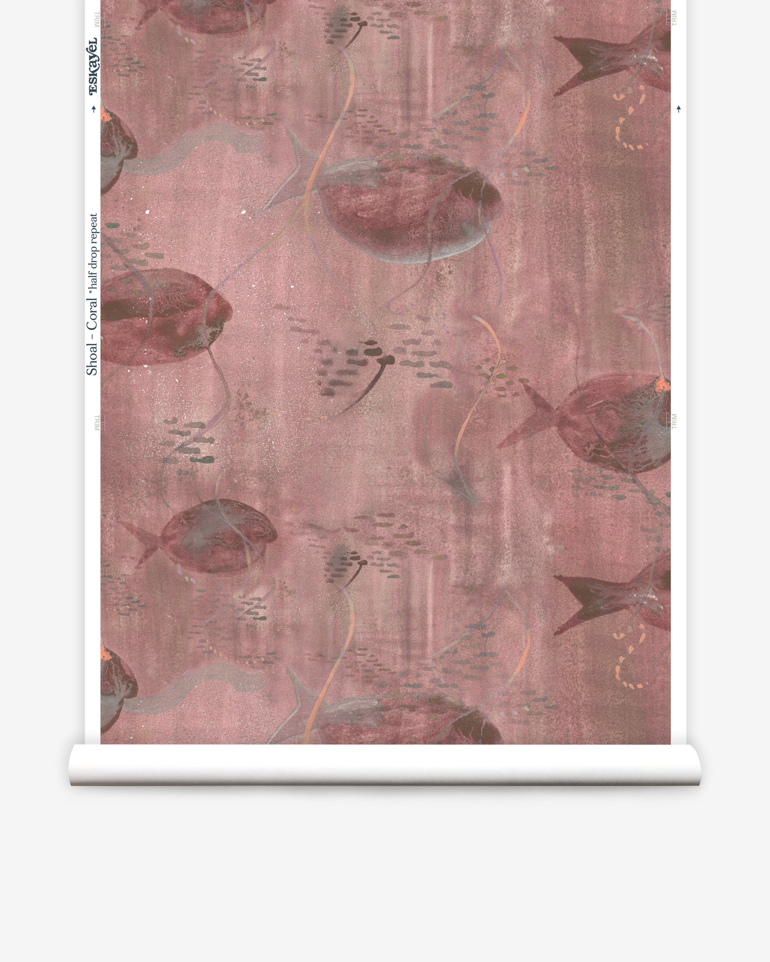 Wallpaper roll in an watercolor oceanic fish pattern in warm clay red. 