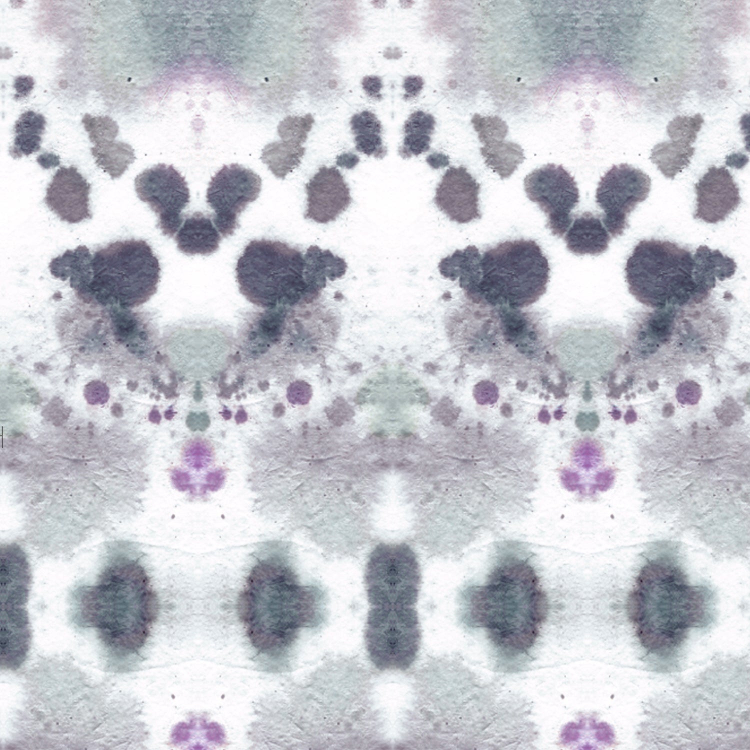 Wallpaper detail in a watercolor inkblot print in shades of purple and gray on a cream field.