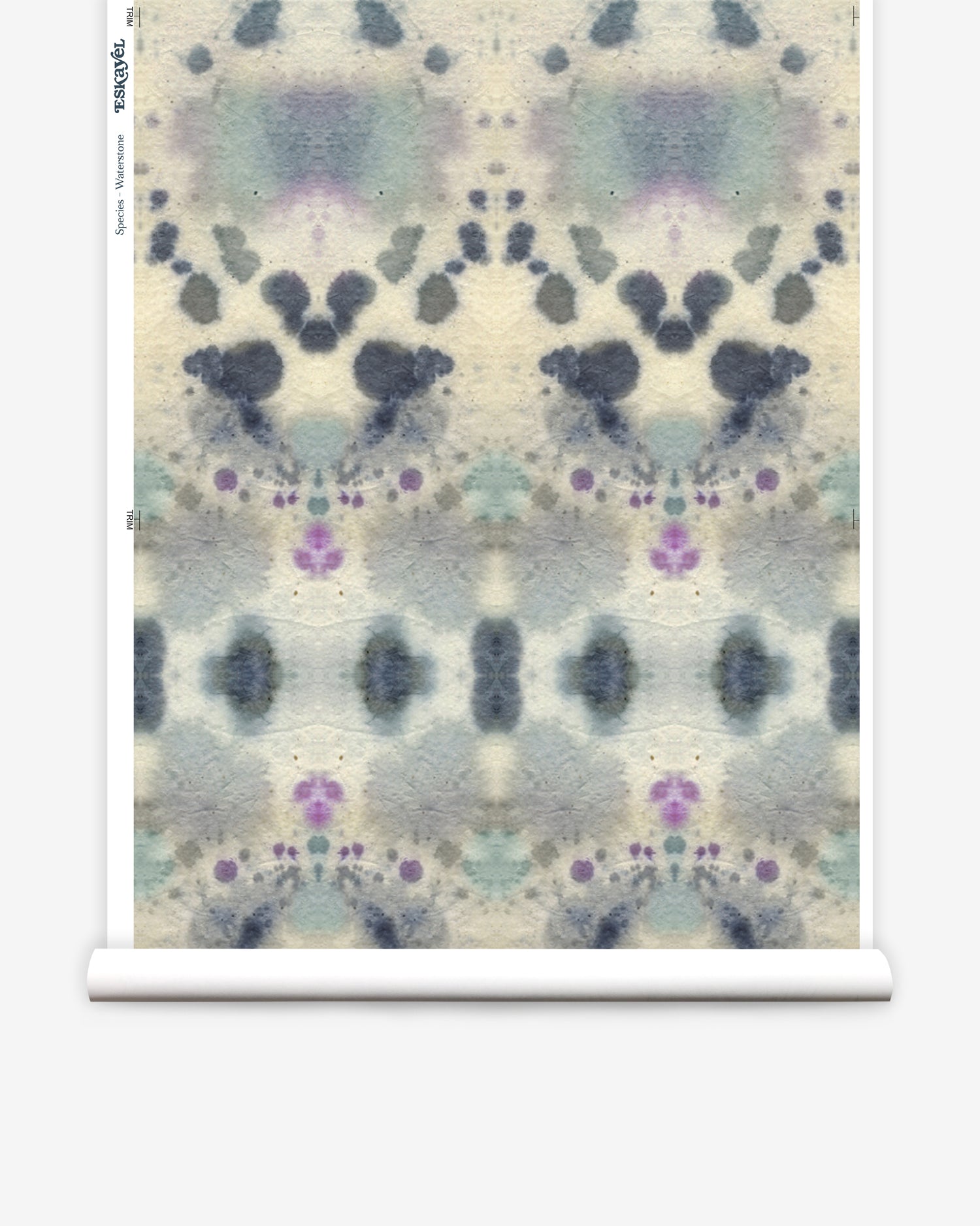 Wallpaper roll in a watercolor inkblot print in shades of blue and purple on a cream field.