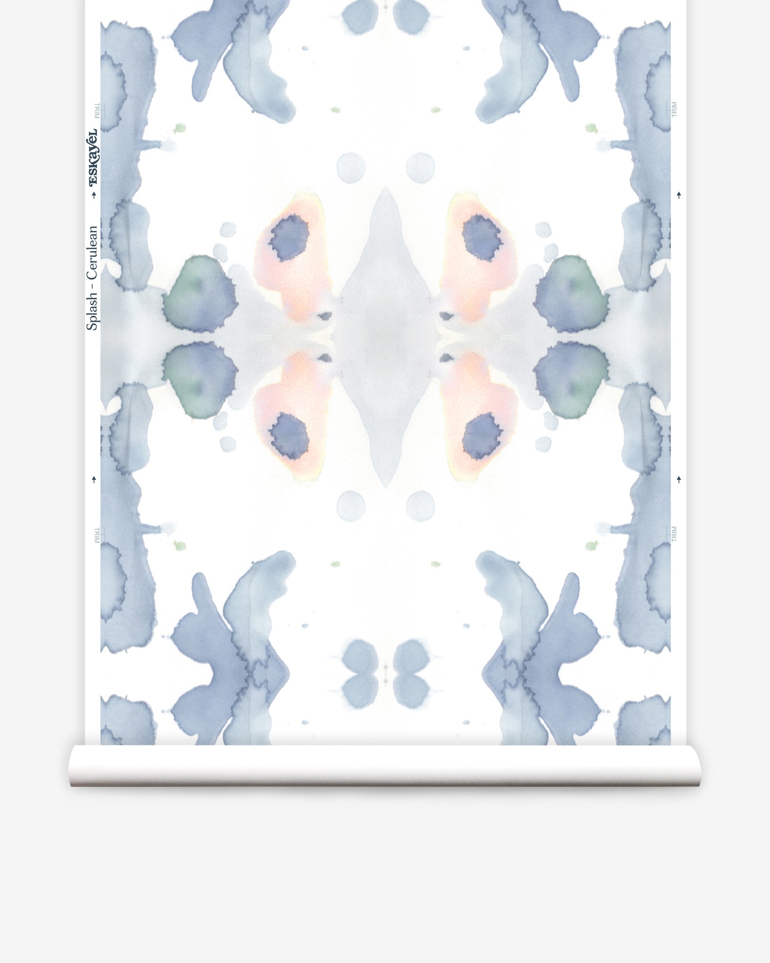 Wallpaper roll in a watercolor ink splash print in shades of pastel blue and pink on a cream field.