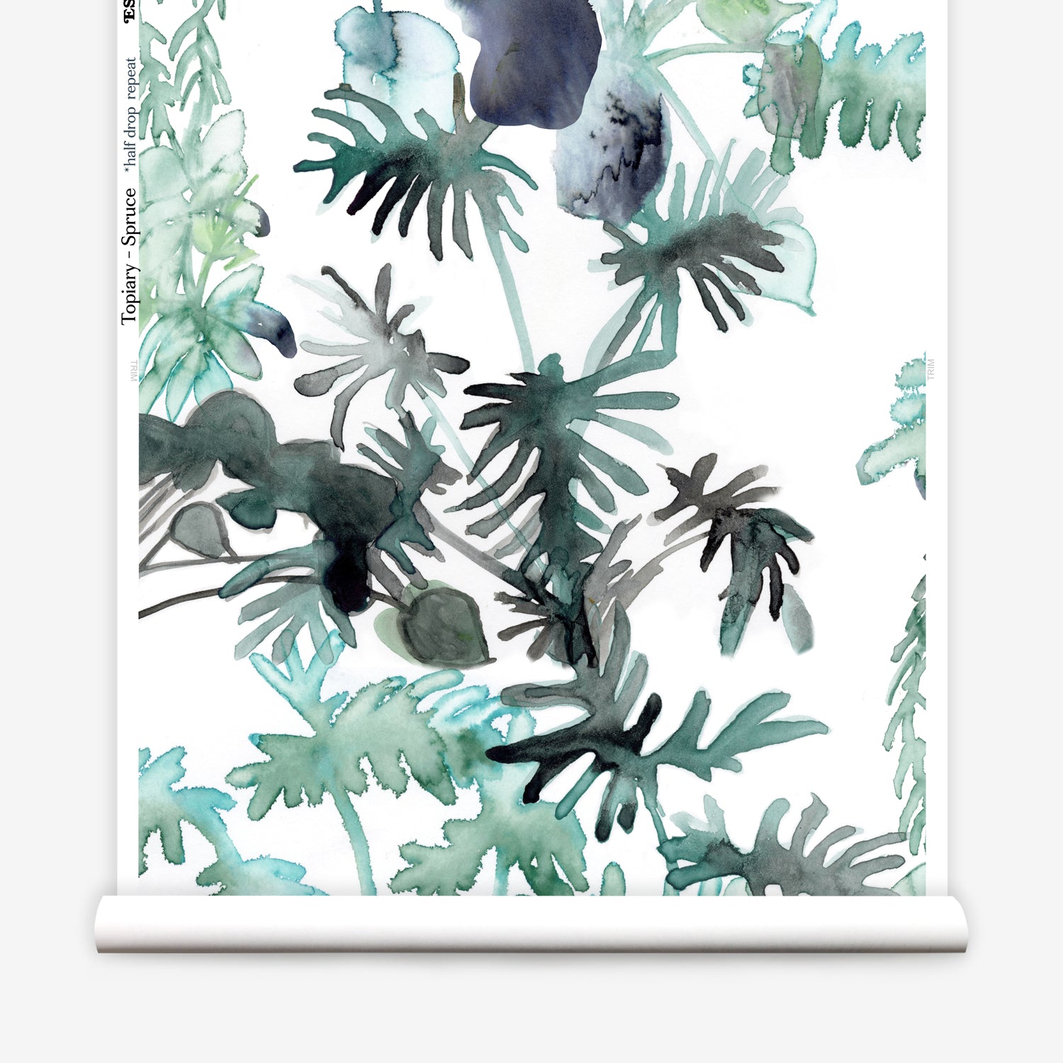 Wallpaper roll in an watercolor palm frond pattern in shades of teal and green. 