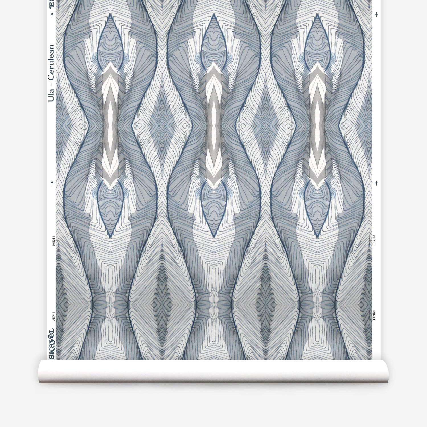 Wallpaper roll in a watercolor diamond print in shades of gray and navy on a cream field.