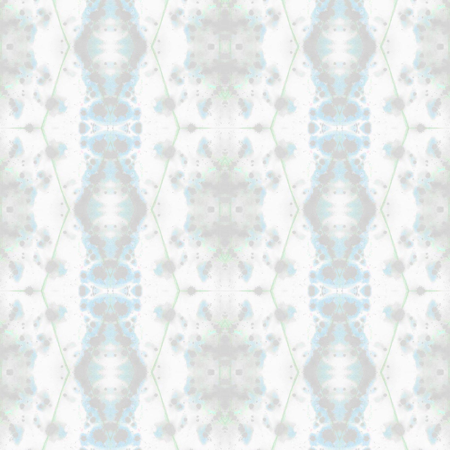 Detail of wallpaper in a painterly gometric stripe in gray, blue and green on a white field.