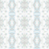 Detail of wallpaper in a painterly gometric stripe in gray, blue and green on a white field.