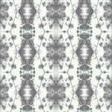 Detail of wallpaper in a painterly gometric stripe in gray and blue on a cream field.