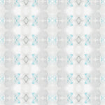 Detail of wallpaper in a striped ink blot print in shades of gray and turquoise on a cream field.