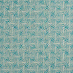 Detail of fabric in a geometric grid pattern in turquoise on a cream field.