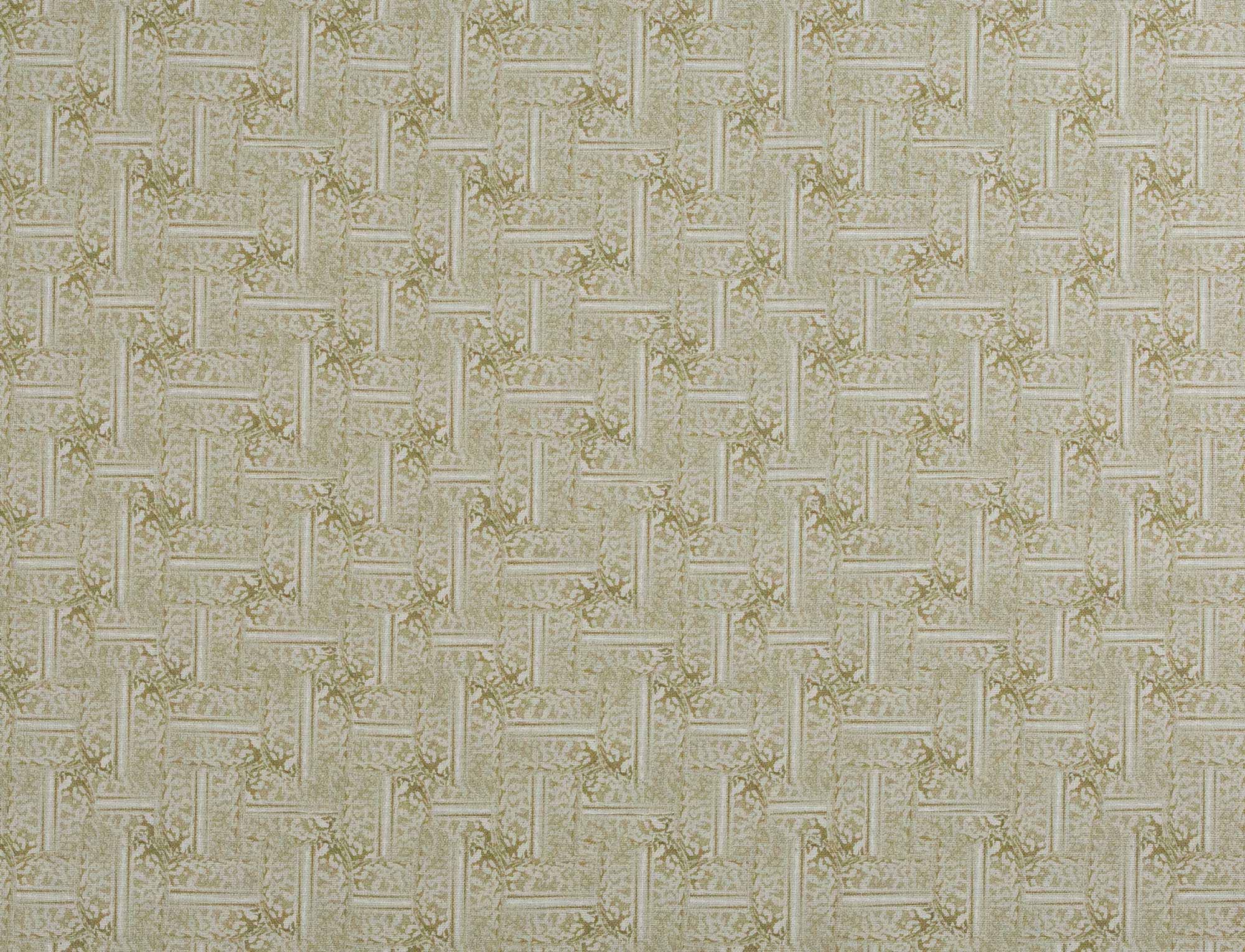 Detail of fabric in a geometric grid pattern in olive on a greige field.