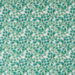 Detail of fabric in an abstract botanical print in green and turquoise on a white field.