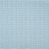 Detail of fabric in a playful curvy grid print in blue and gray on a white field.