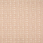 Detail of fabric in a playful curvy grid print in peach on a white field.