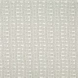 Detail of fabric in a playful curvy grid print in greige on a white field.