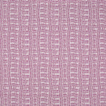 Detail of fabric in a playful curvy grid print in purple on a white field.