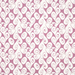 Detail of fabric in a playful abstract shape print in white on a purple field.