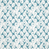 Detail of fabric in a playful abstract shape print in white on a turquoise field.
