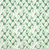 Detail of fabric in a playful abstract shape print in white on a light green field.