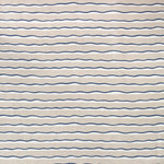 Detail of fabric in an undulating stripe pattern in navy and white on a cream field.