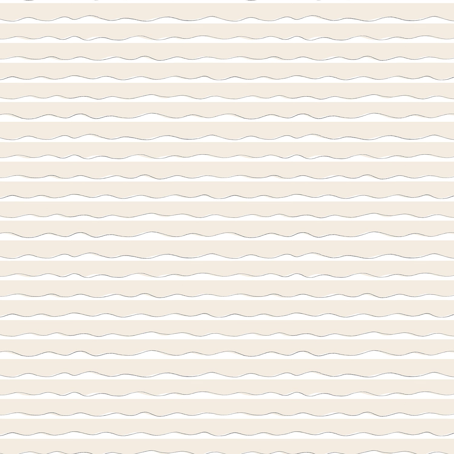 Detail of wallpaper in an undulating stripe pattern in cream and tan with black accents.