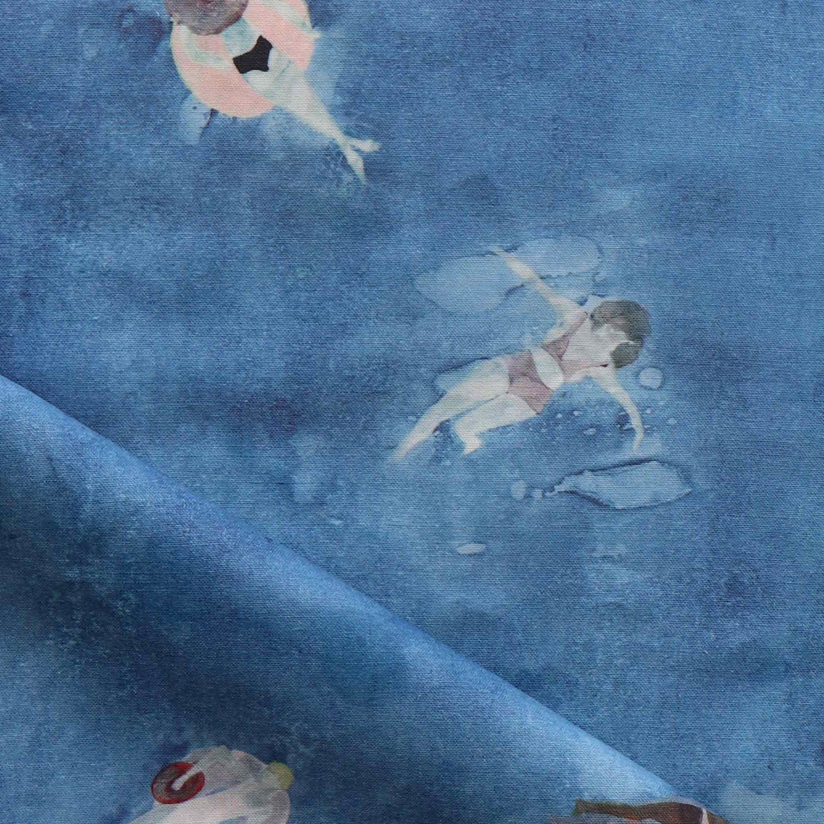 Fabric with watercolor characters swimming on a blue background