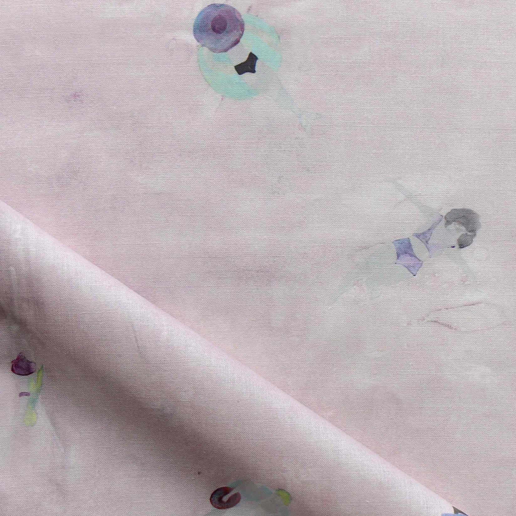 Fabric with watercolor characters swimming on a light pink background