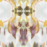 Detail of wallpaper in a watercolor paint blotch print in shades of gray, yellow and pink on a white field.