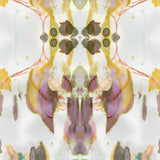 Detail of wallpaper in a watercolor paint blotch print in shades of gray, yellow and pink on a white field.